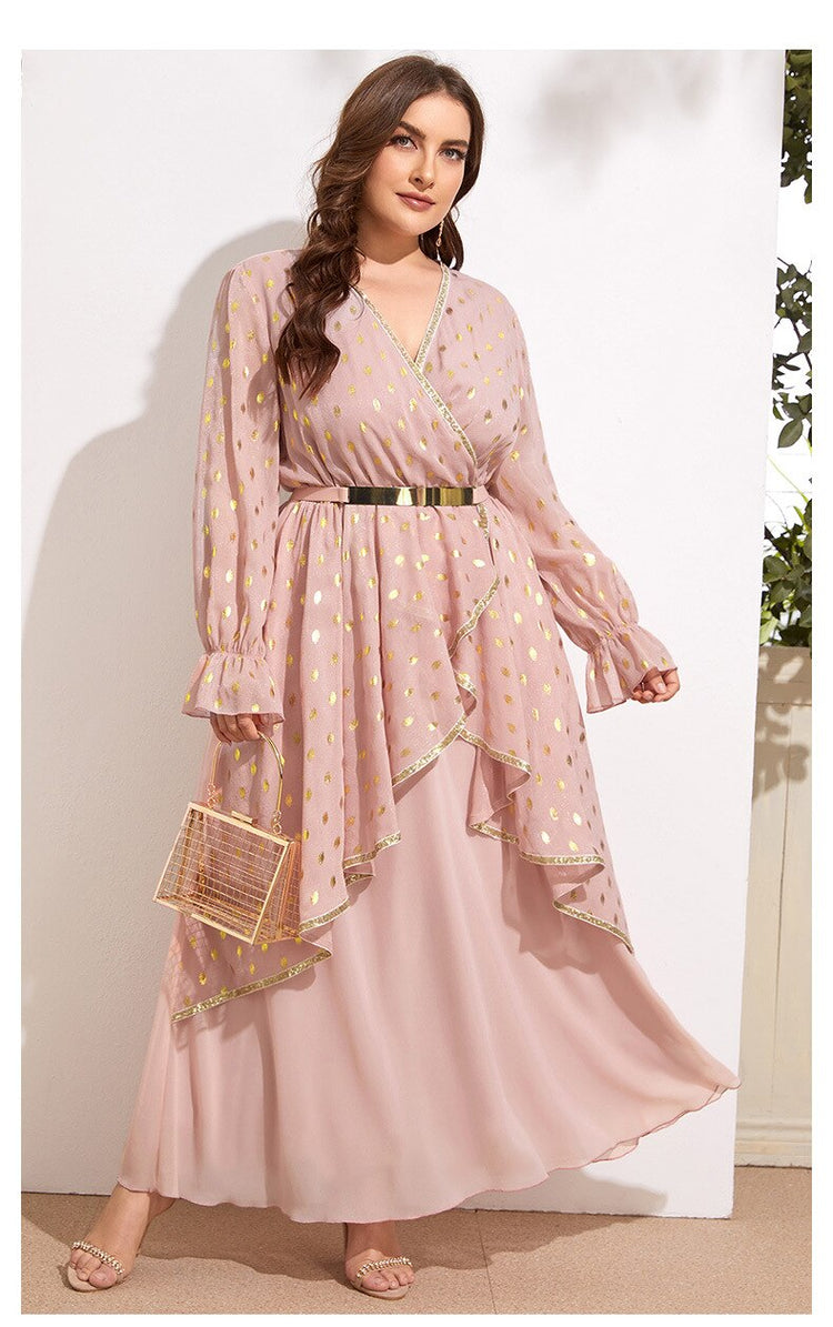 Vestido de Festa Rosé com Babados e Detalhe Cinto Dourado