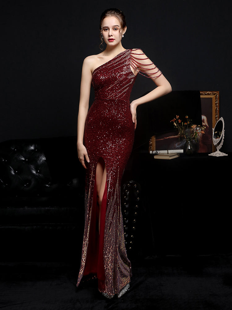 Vestido de Festa Sereia Brilho com Ombro Único Marsala