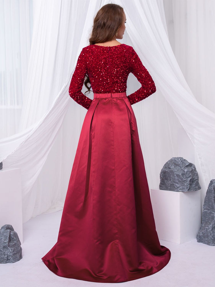 Vestido de Festa Longo Brilho com Abertura Lateral Marsala
