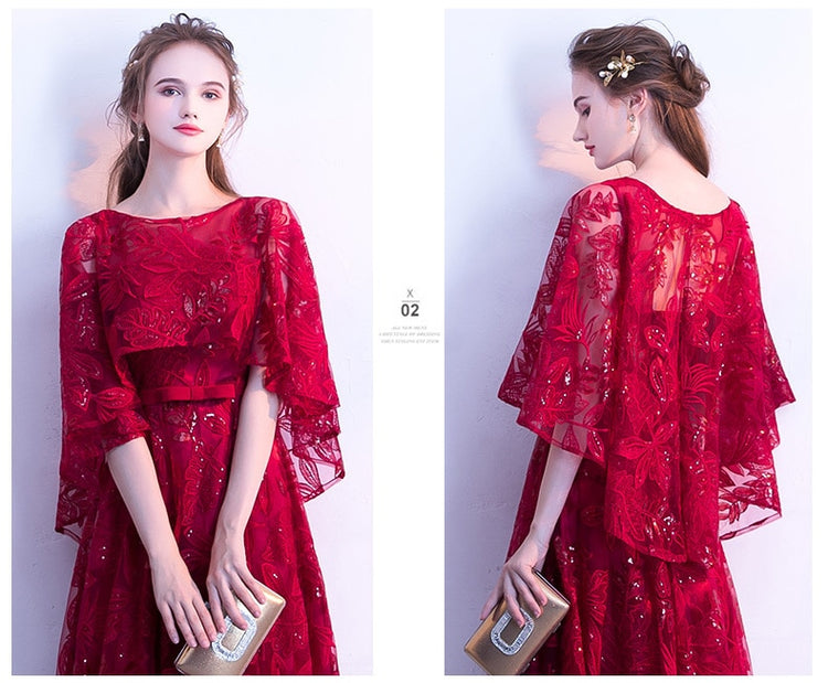 Vestido de Festa Longo com Manta Rendada Marsala
