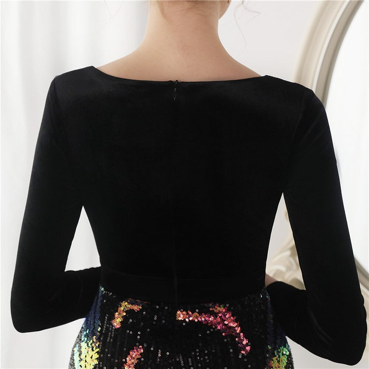 Vestido de Festa Luxo Sereia com Paetês Bordados Preto