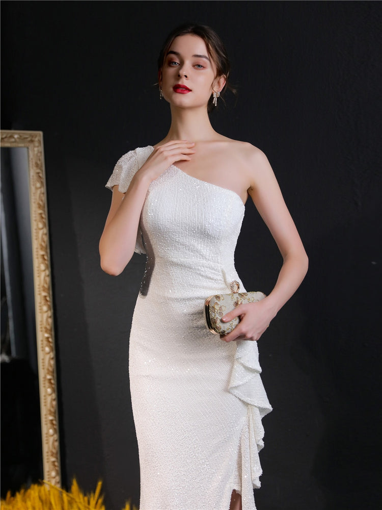 Vestido de Festa Longo com Abertura Bordada Brilho Branco