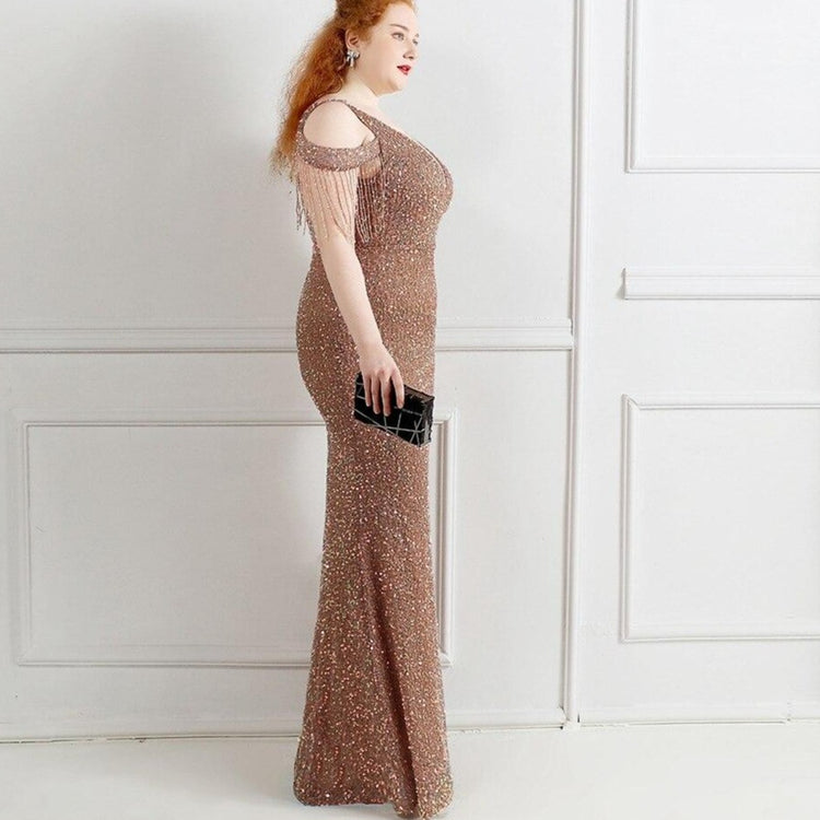 Vestido de Festa Longo Manga Borla Dourado