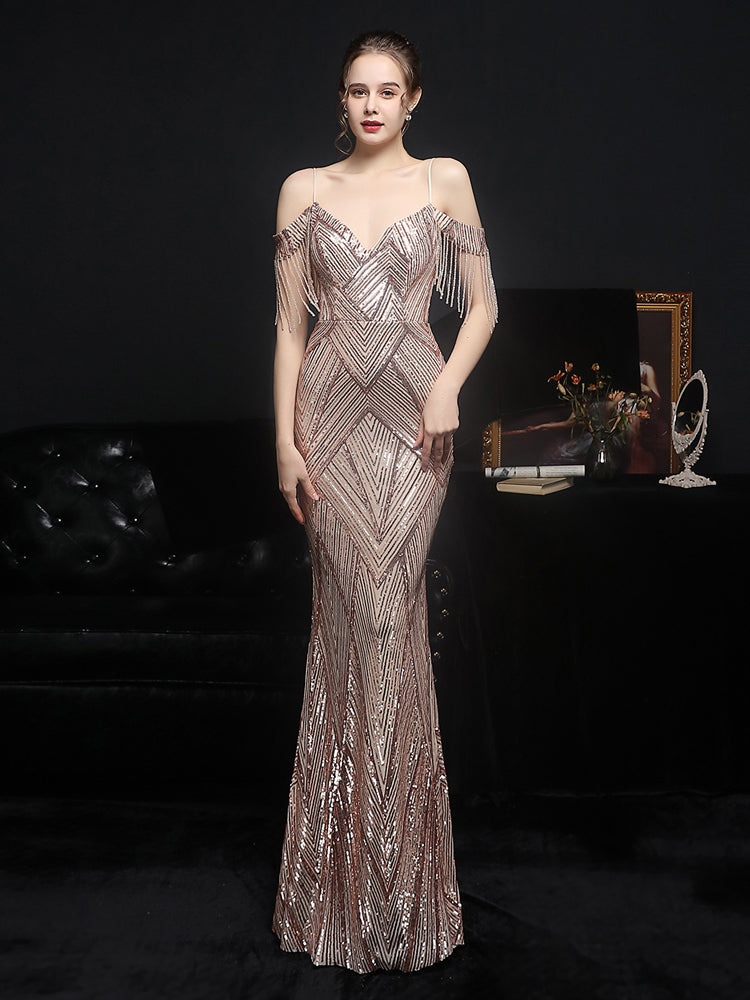 Vestido de Festa Luxo com Manga Detalhada Dourado