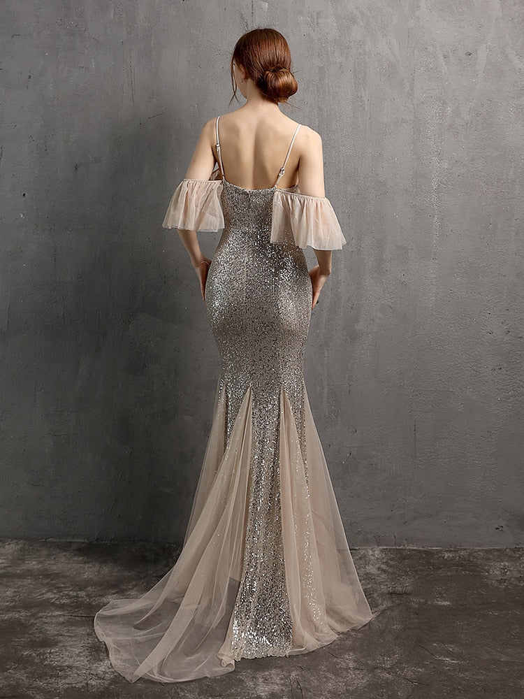 Vestido de Festa Longo Elegante com Manga com Renda Prata