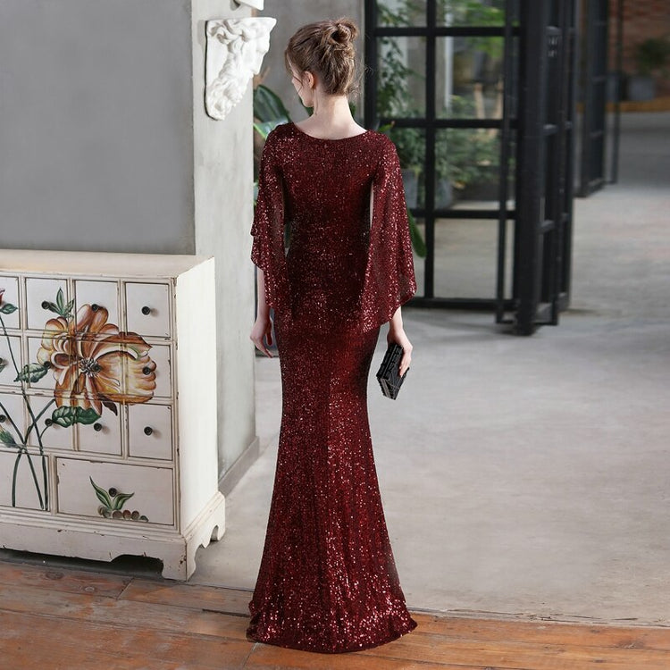 Vestido de Festa Longo com Manta Brilho Marsala