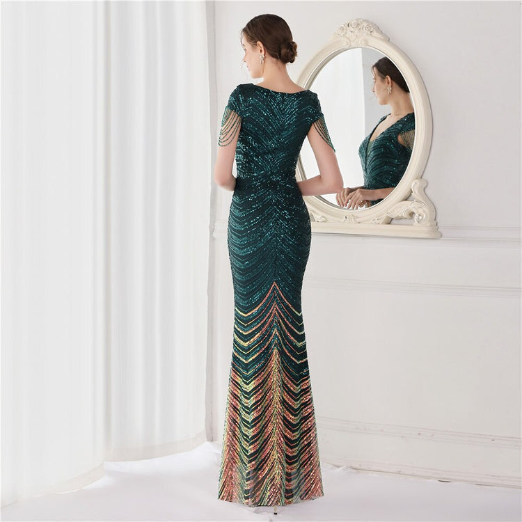 Vestido de Festa Luxo Sereia com Detalhes Paetês Verde