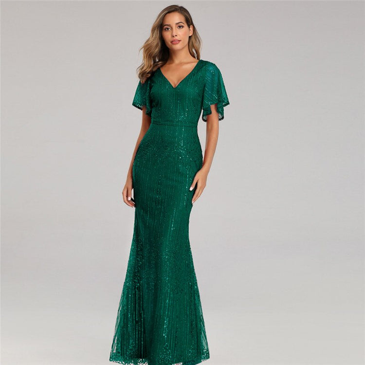 Vestido de Festa Longo com Detalhes Brilho Verde