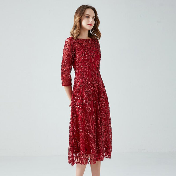 Vestido de Festa Marsala Luxo Midi com Detalhes Paetês