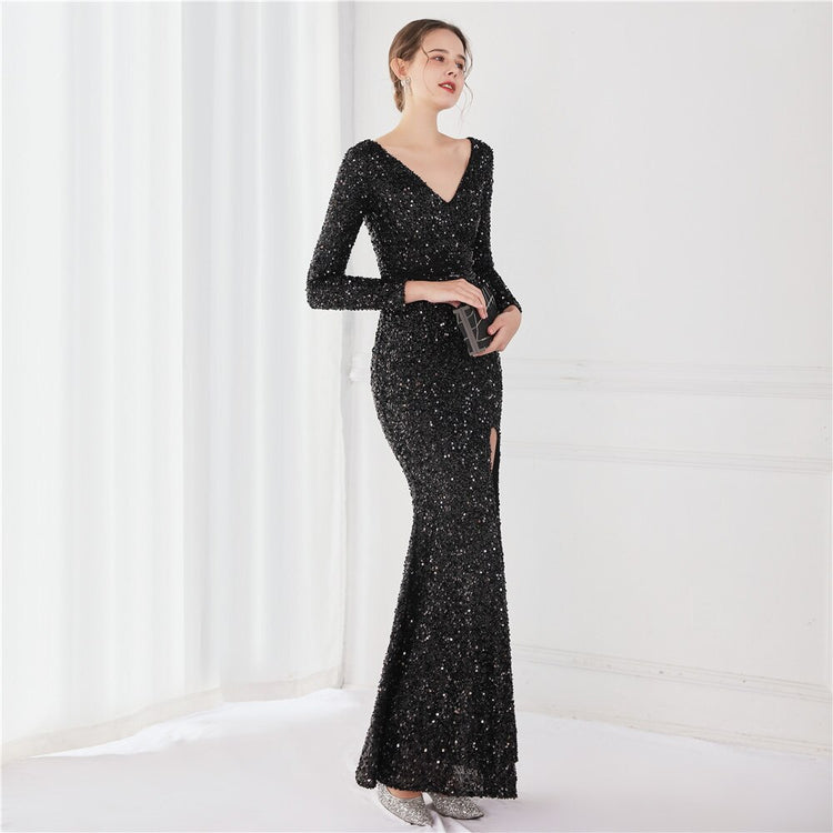 Vestido de Festa Longo Luxo Todo Detalhado em Paetês Preto