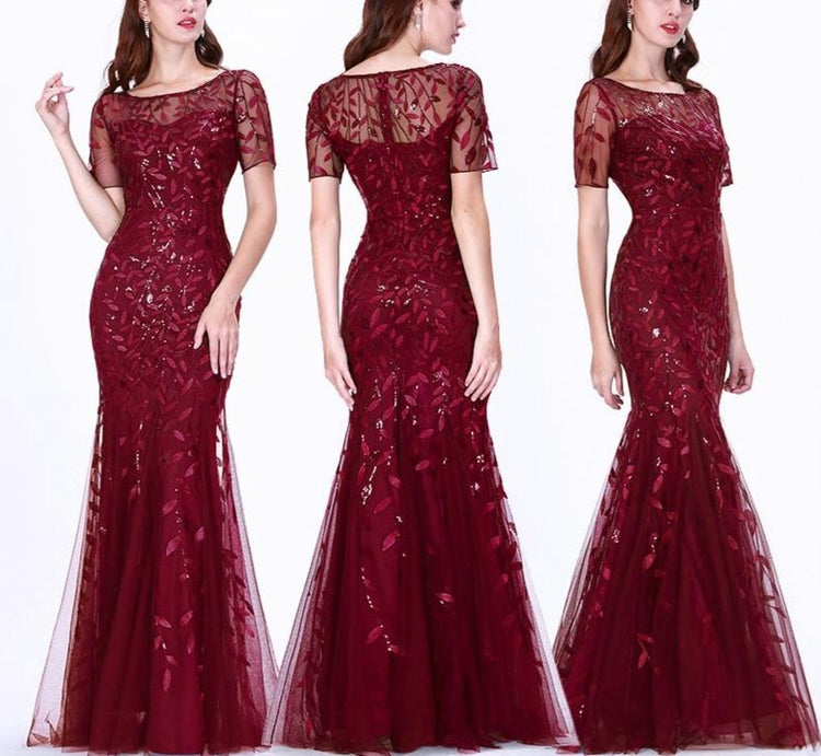Vestido de Festa Elegante Marsala com Apliques Folhagem