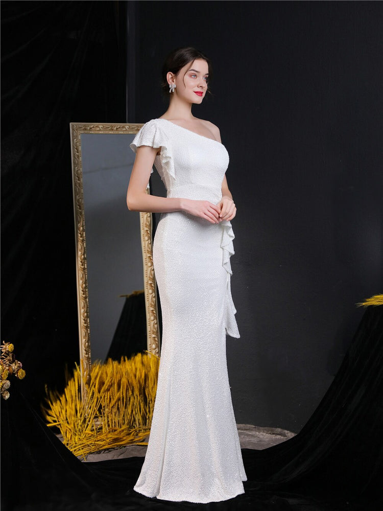 Vestido de Festa Longo Assimétrico com Detalhes Babados Branco