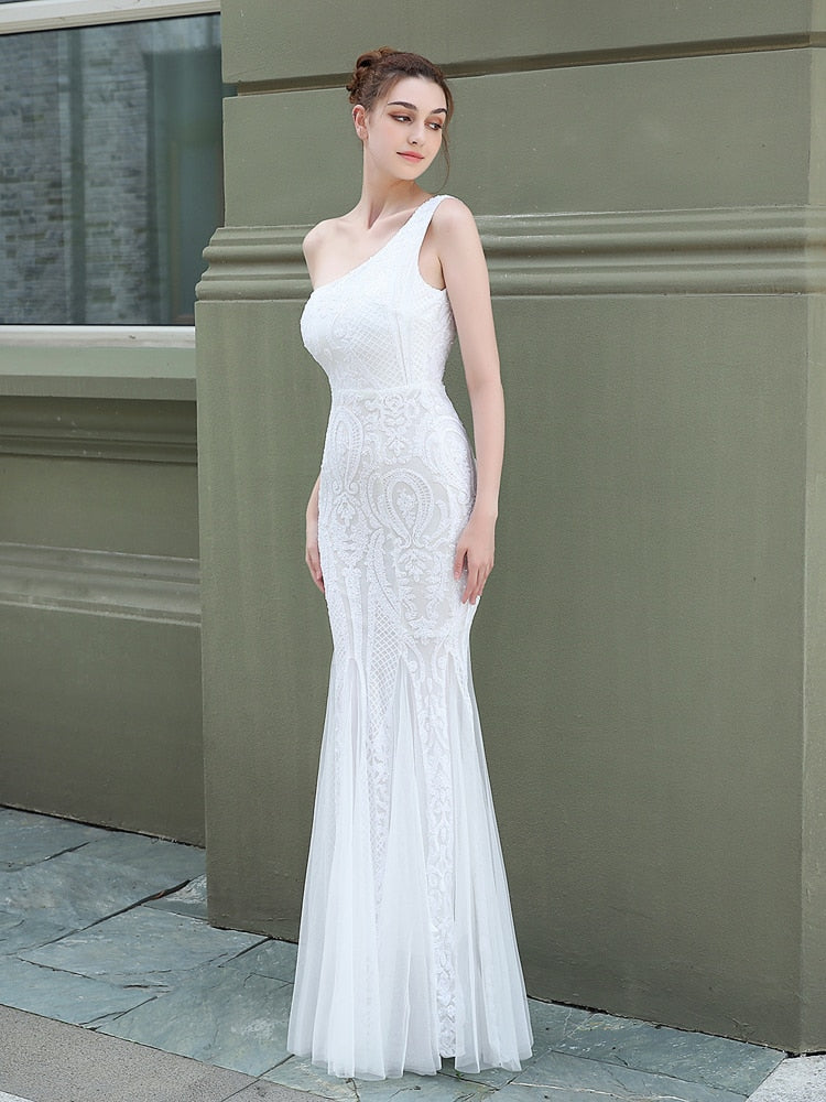 Vestido de Festa Ombro Único em Tule com Bordados Paetês Branco
