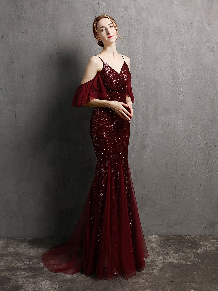 Vestido de Festa Longo Elegante com Manga com Renda Marsala