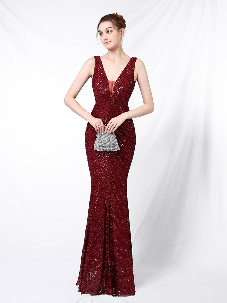 Vestido de Festa Longo Sereia Brilho sem Manga Marsala