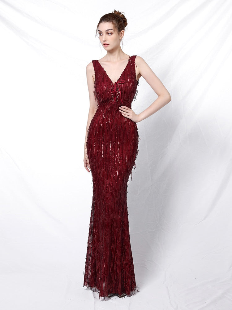 Vestido de Festa Longo Sereia Brilho Bordado Marsala