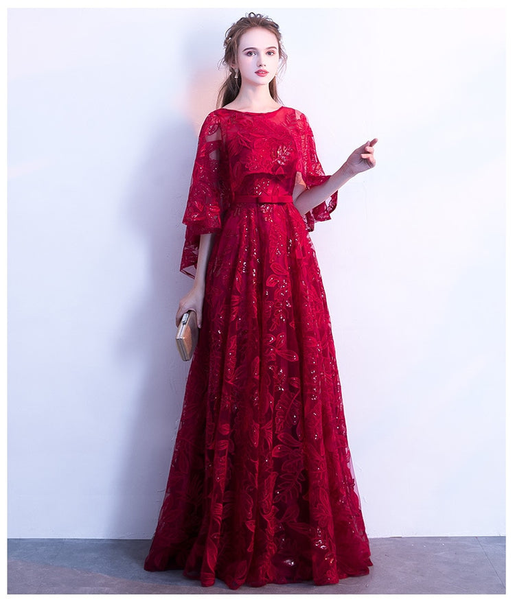 Vestido de Festa Longo com Manta Rendada Marsala