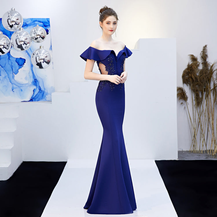 Vestido de Festa Longo com Manga Pétala Azul Marinho