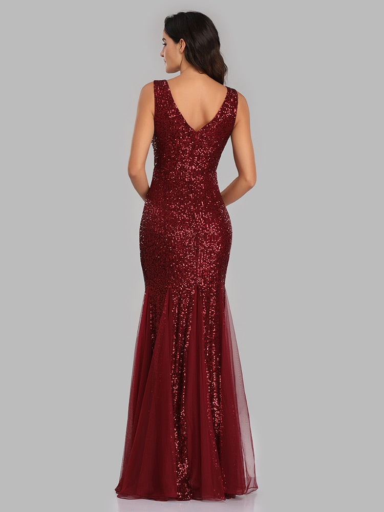 Vestido de Festa Longo Sereia com Detalhes Paetês Marsala