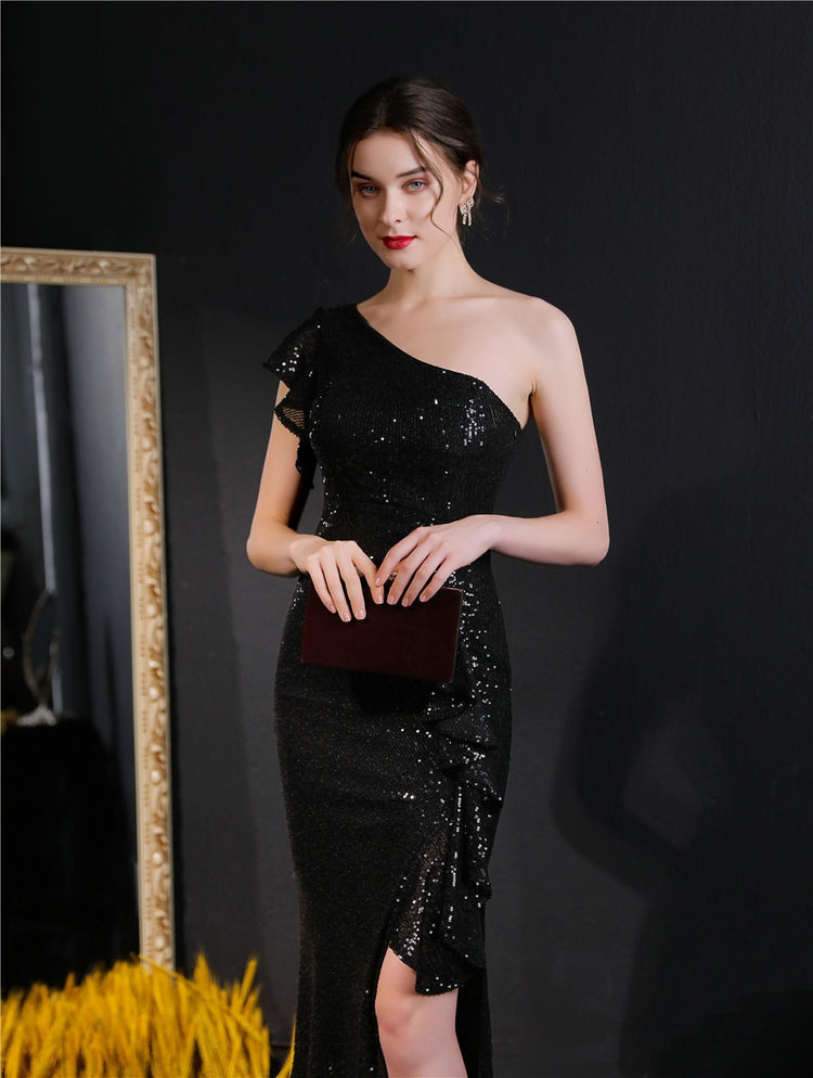 Vestido de Festa Longo com Abertura Bordada Brilho Preto