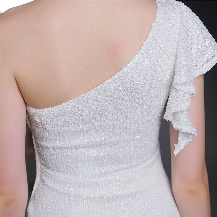 Vestido de Festa Longo Assimétrico com Detalhes Babados Branco