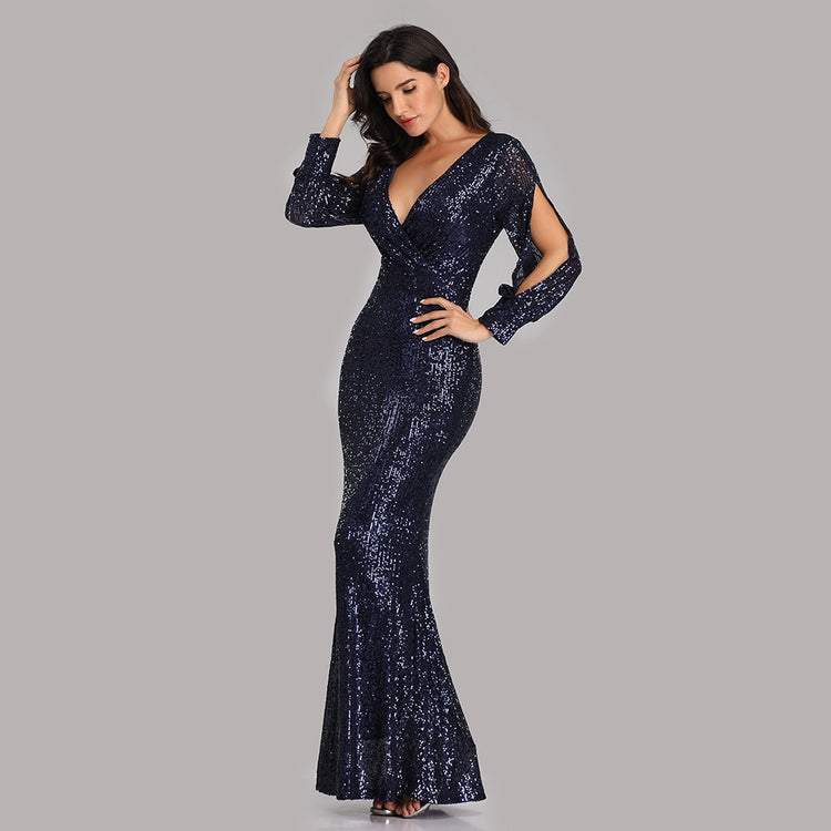 Vestido de Festa Longo to Detalhado em Paetês Azul Marinho