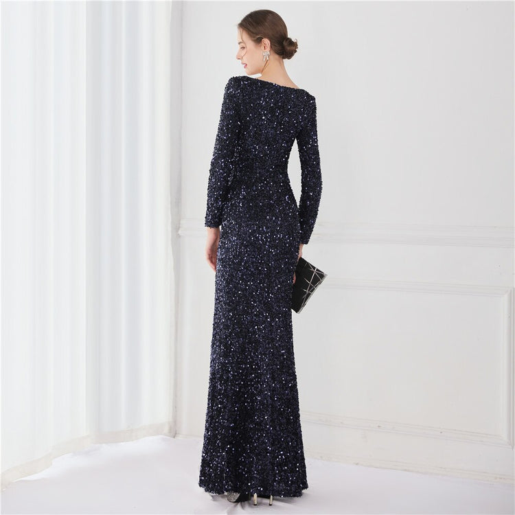 Vestido de Festa Longo Luxo Todo Detalhado em Paetês Azul Marinho