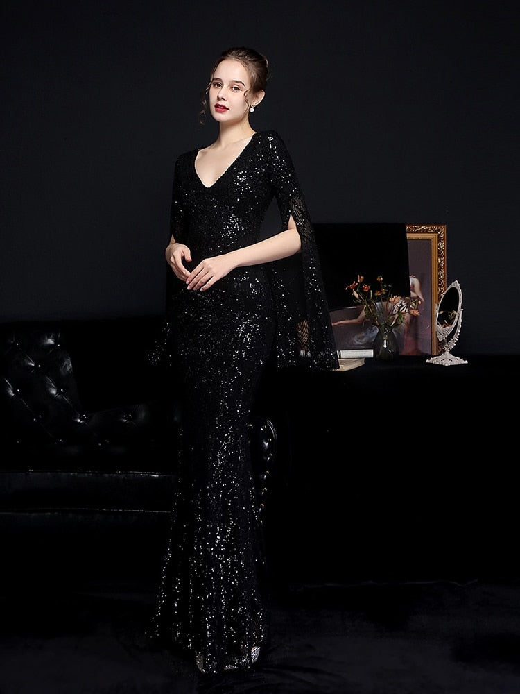 Vestido de Festa Longo Sereia Cristal com Manga Solta Preto