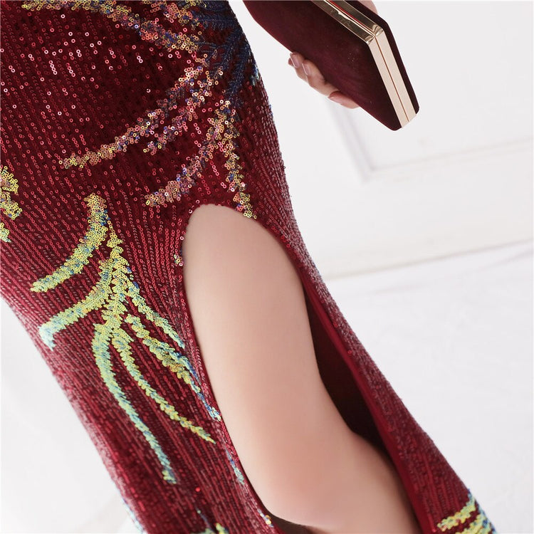 Vestido de Festa Luxo Sereia com Paetês Bordados Marsala