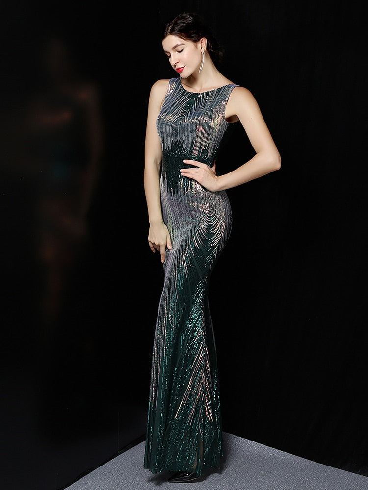 Vestidos de Festa Sereia Luxo com Brilho Verde Prateado