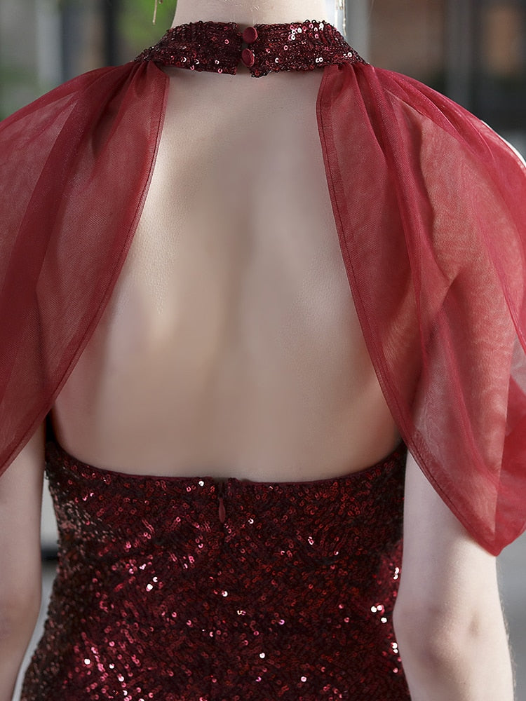 Vestido De Festa Longo Com Decote Em Tule Marsala