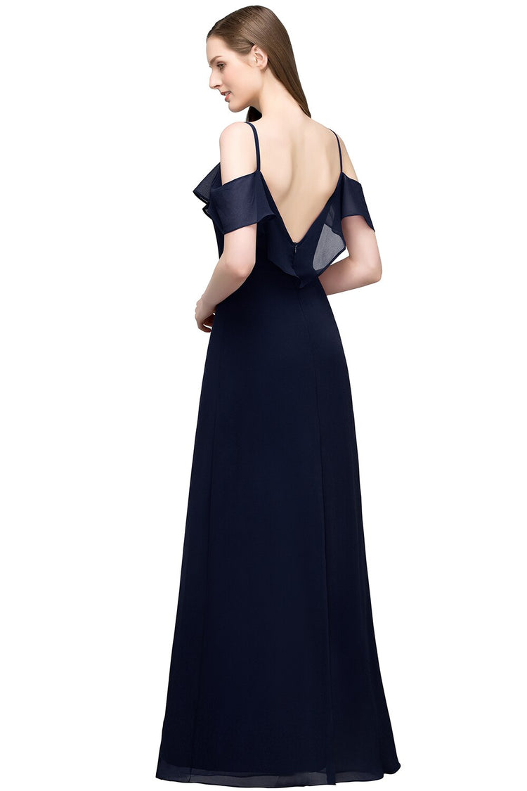 Vestido de Festa Longo com Detalhes Babados Azul Marinho