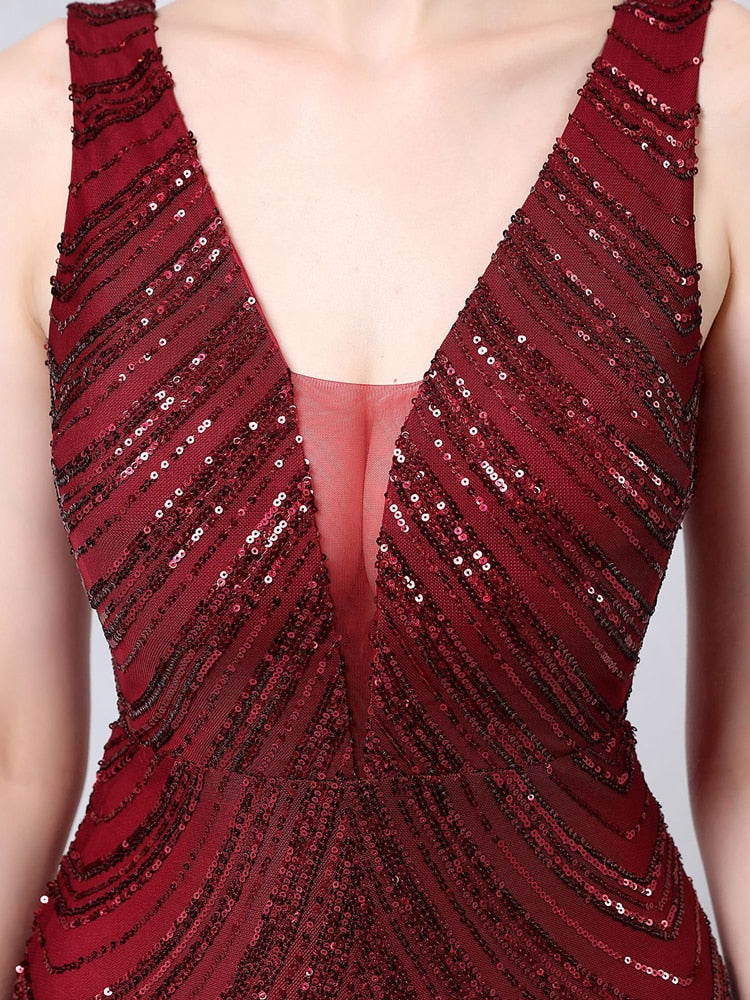 Vestido de Festa Longo Sereia Brilho sem Manga Marsala
