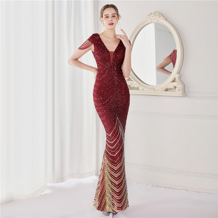 Vestido de Festa Luxo Sereia com Detalhes Paetês Marsala