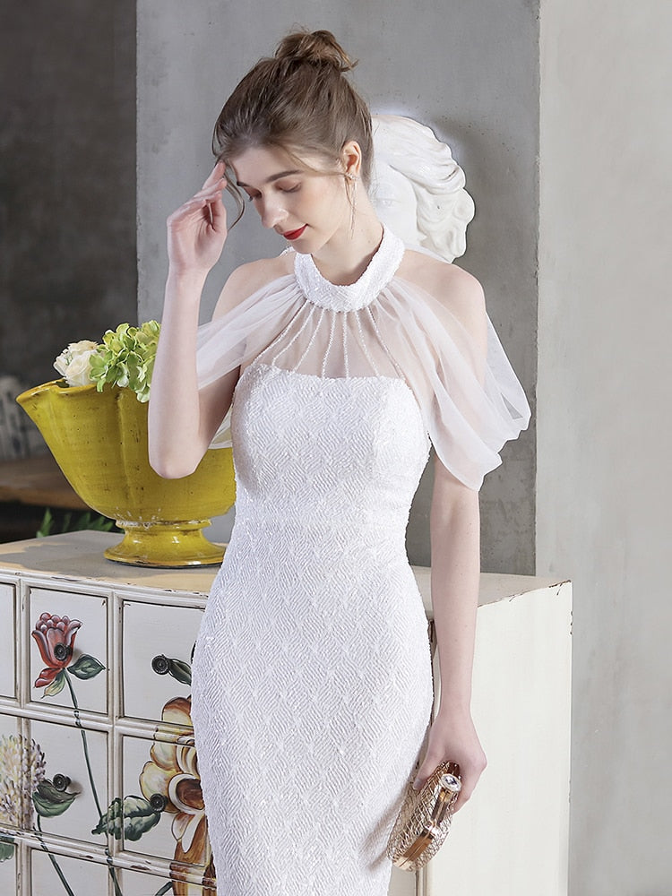 Vestido De Festa Longo Com Decote Em Tule Branco