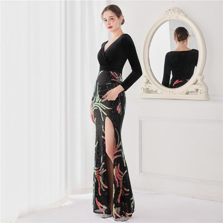 Vestido de Festa Luxo Sereia com Paetês Bordados Preto