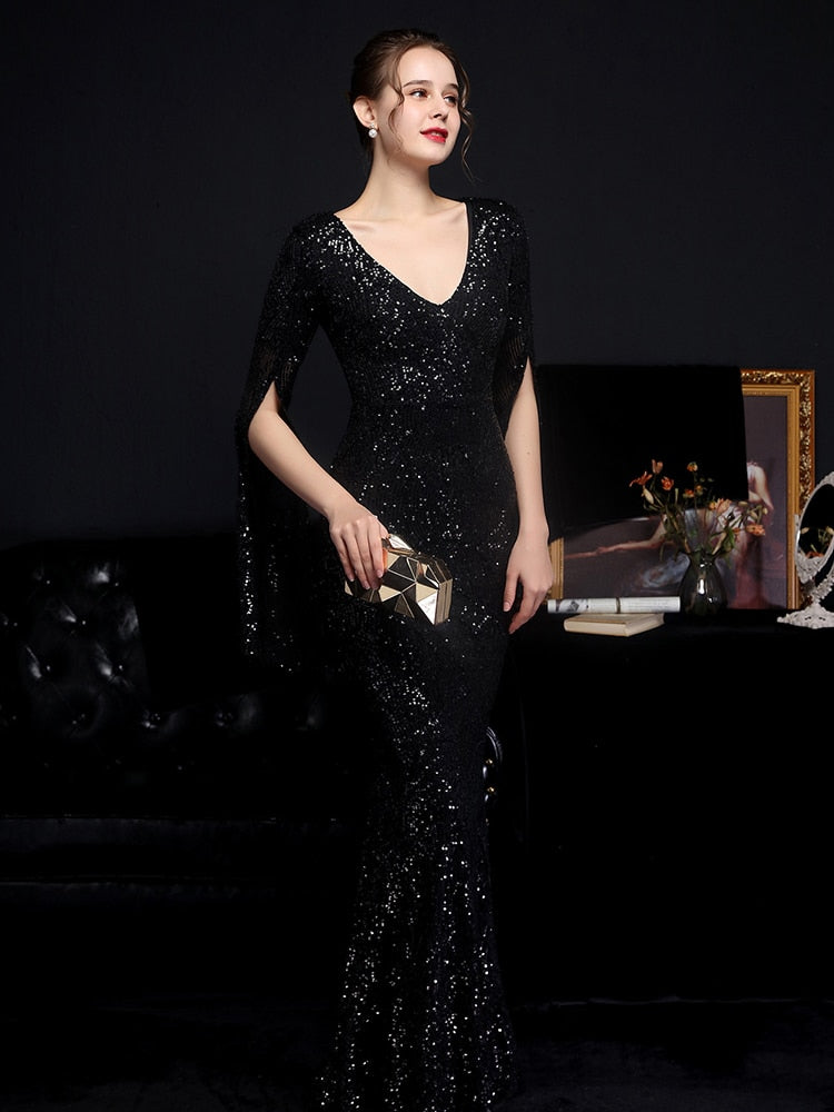 Vestido de Festa Longo Sereia Cristal com Manga Solta Preto