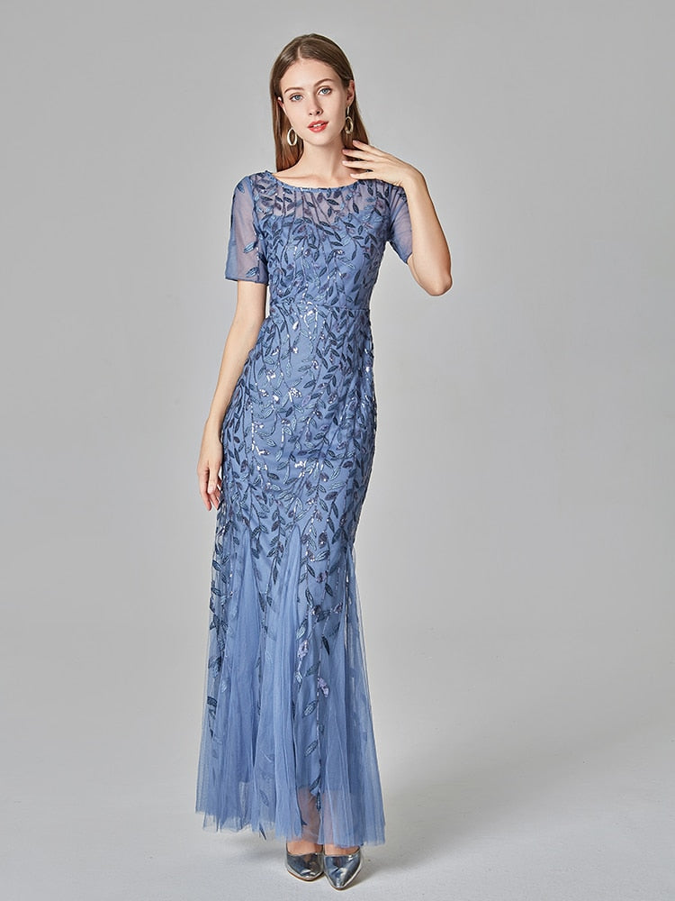 Vestido de Festa Elegante Azul Empoeirado com Apliques Folhagem (Pronta Entrega)
