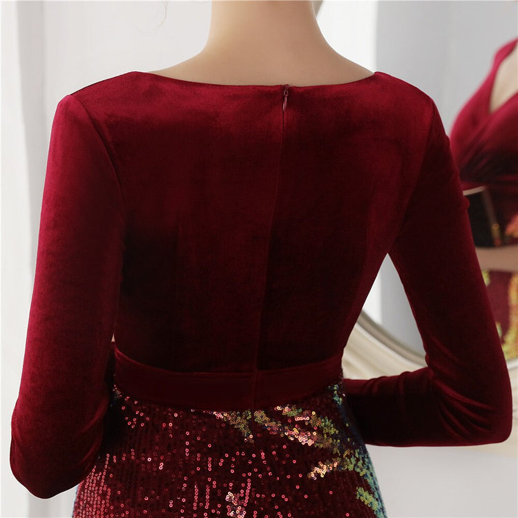 Vestido de Festa Luxo Sereia com Paetês Bordados Marsala