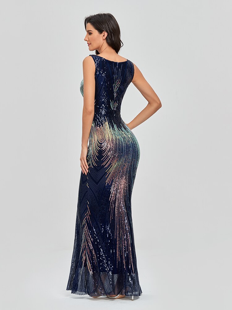 Vestidos de Festa Sereia Luxo com Brilho Azul Marinho com Dourado