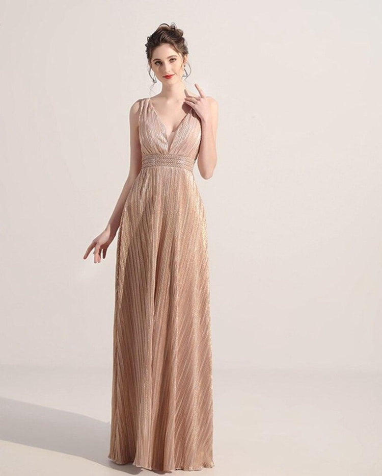 Vestido de Festa Longo em Chiffon Plissado Dourado