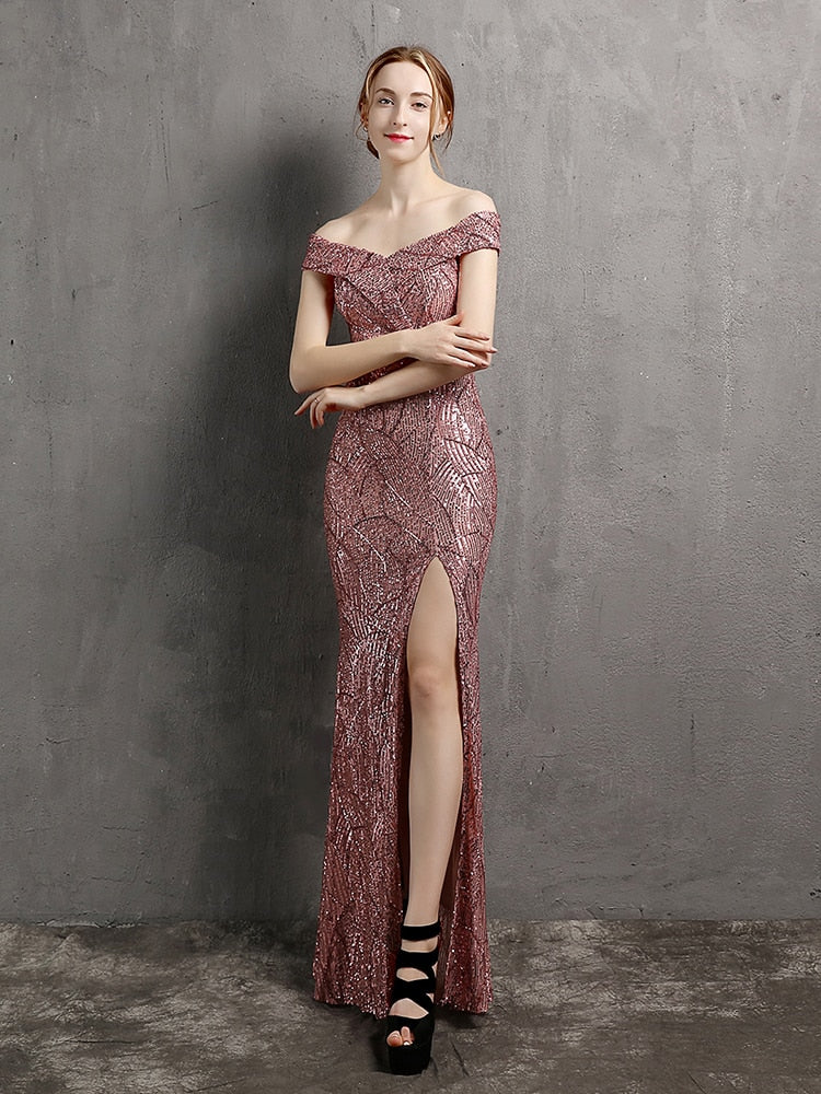 Vestido de Festa Longo com Abertura Lateral em Chiffon Rosa Empoeirado