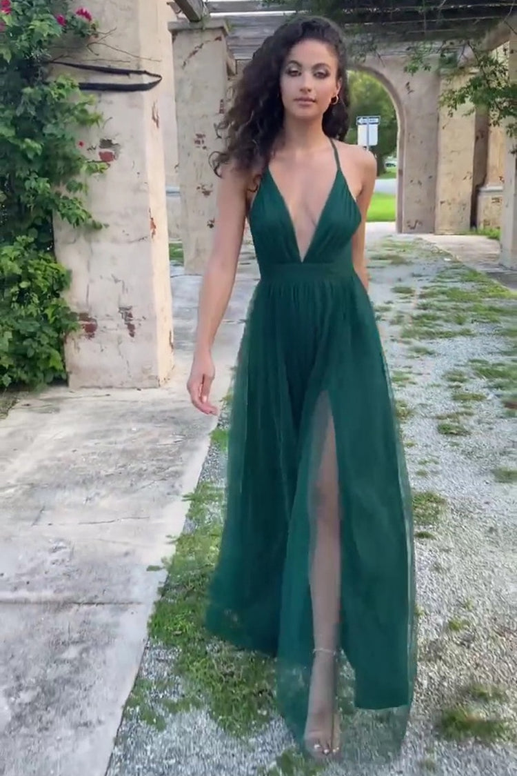 Vestido de Festa Longo em Chiffon com Decote V Profundo