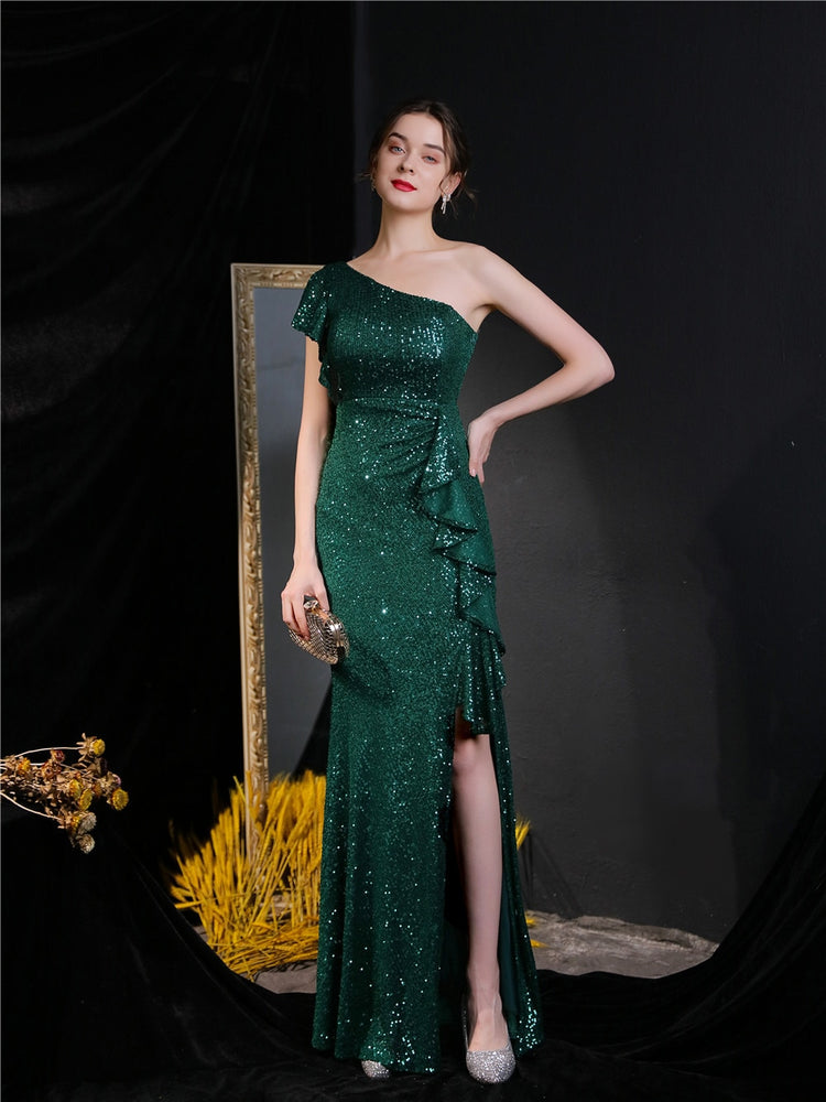 Vestido de Festa Longo Assimétrico com Detalhes Babados Verde