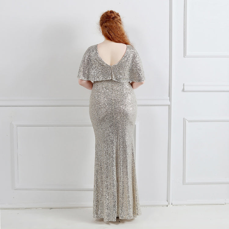 Vestido de Festa Plus Size com Manga Manta Prateado