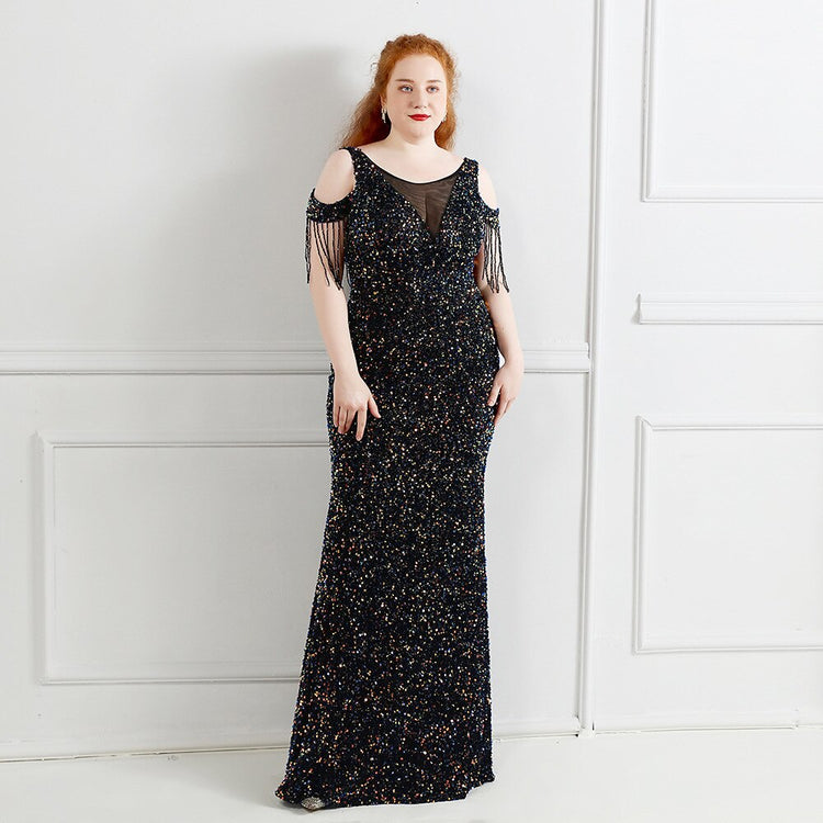Vestido de Festa Longo Manga Borla Preto