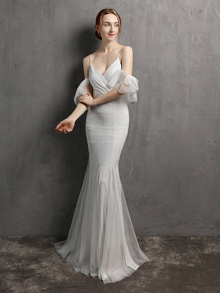 Vestido de Festa Longo Elegante com Manga com Renda Branco