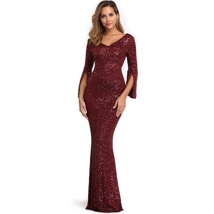 Vestido de Festa Longo com Brilho Marsala e Mangas 3/4