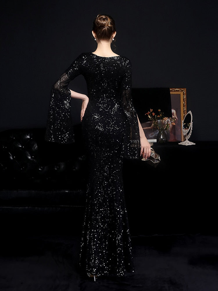 Vestido de Festa Longo Sereia Cristal com Manga Solta Preto
