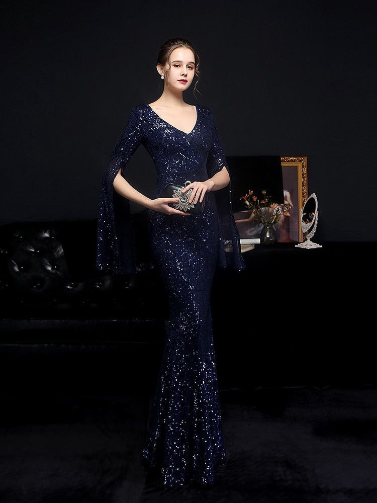 Vestido de Festa Longo Sereia Cristal com Manga Solta Azul Marinho
